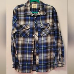 Rustic blue flannel shirt. Blue and gray plaid. Large